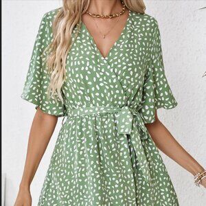 Printed Mini Dress Women Fashion V Neck Short Sleeve Dresses